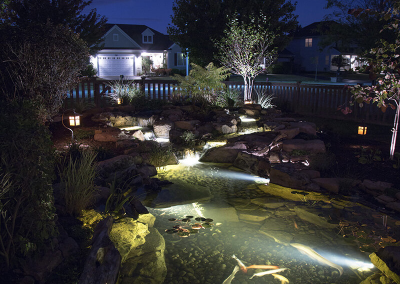 A koi pond illuminated with underwater lighting