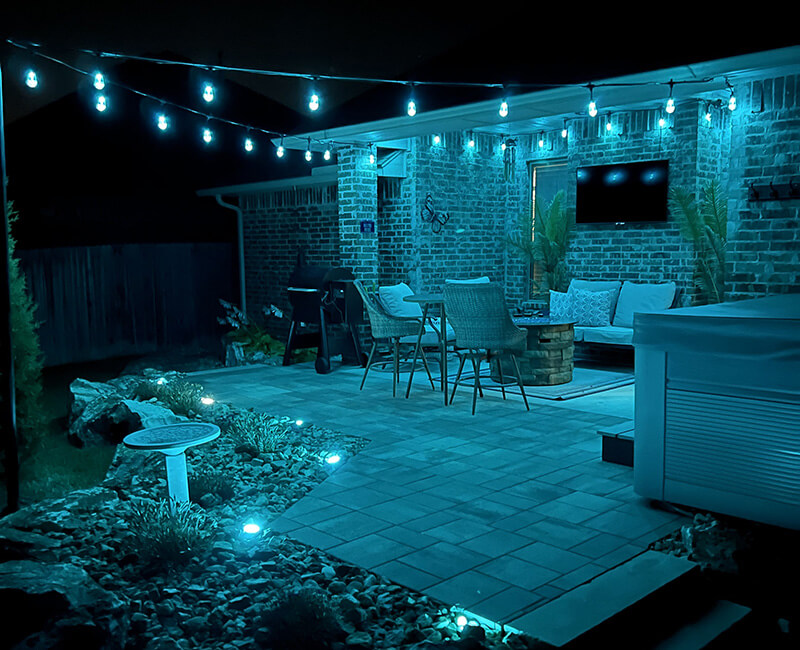 Blue backyard lighting